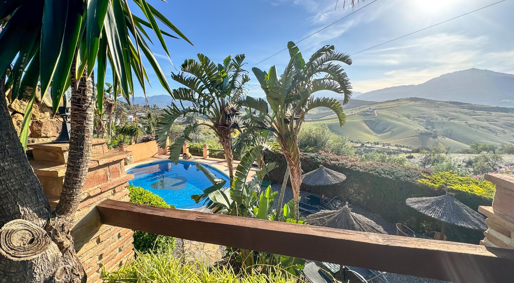 The property's pool terrace overlooking the mountains and olive groves above Málaga