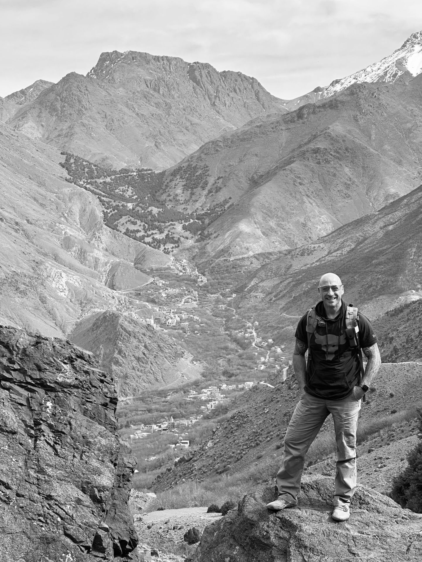 Nando Brown on a ridge above an Atlas Mountains valley
